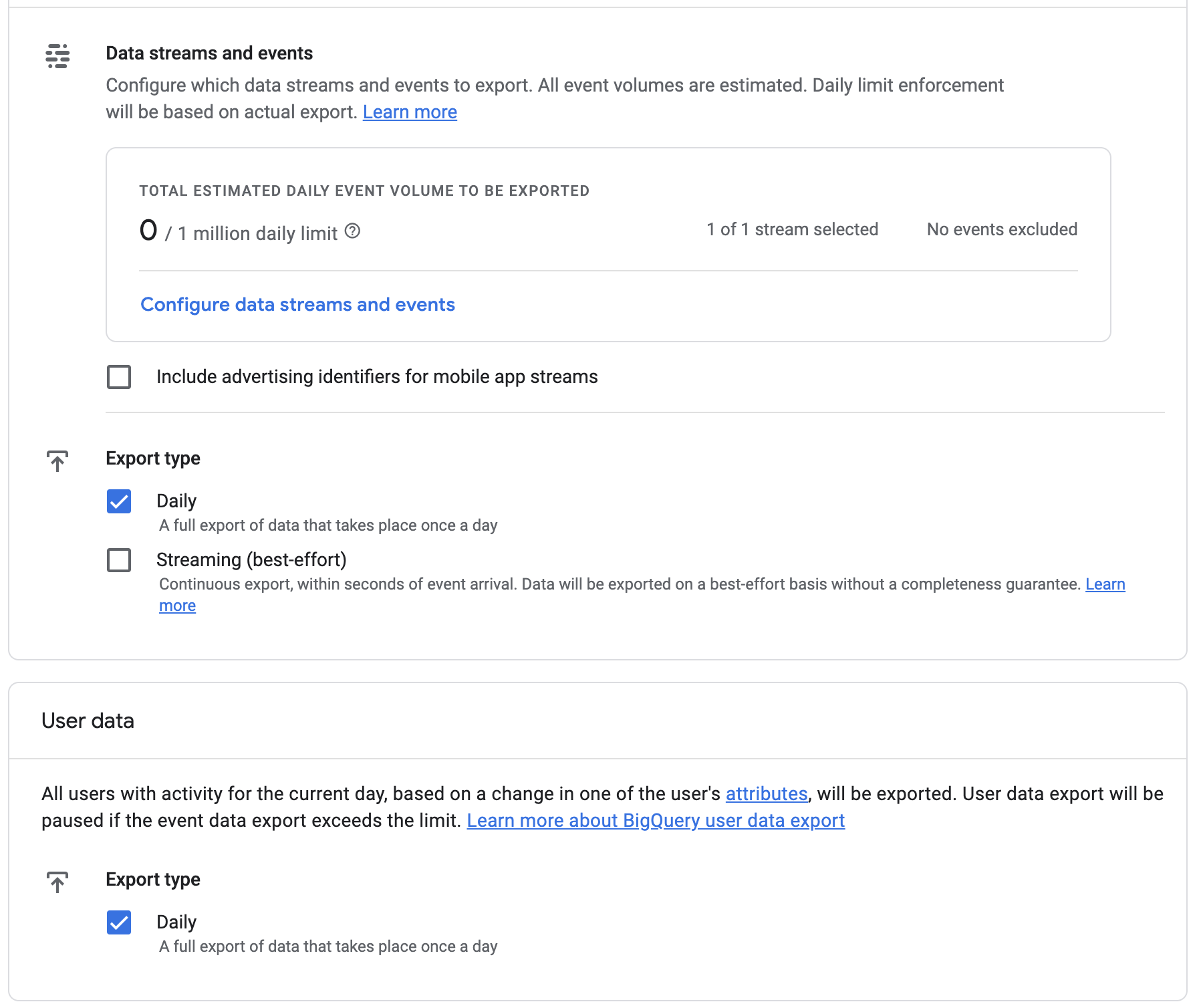 BigQuery export configuration options