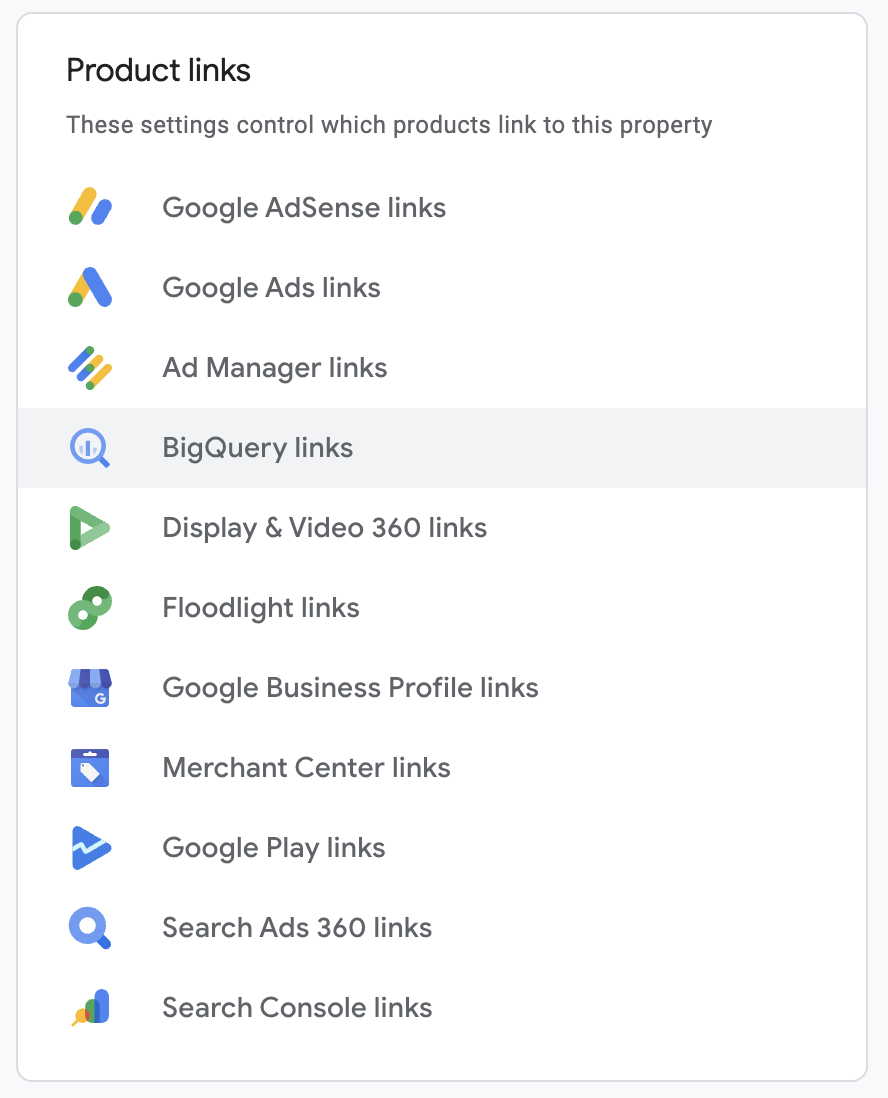 GA4 BigQuery Links menu item