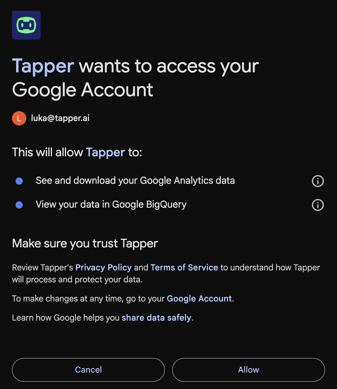 Google permissions consent screen